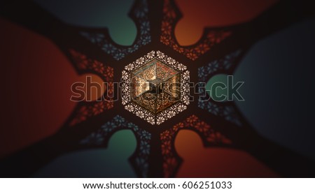 A stunning Ramadan candle lantern, Featuring such intricate patterns and cut work like an exotic treasure. Buy it now and start using this quality photo in your design. Royalty-Free Stock Photo #606251033