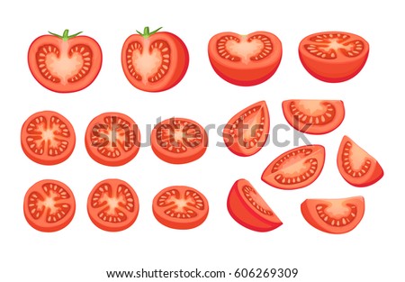 Collection of chopped tomatoes isolated on white background.  Tomato slices illustration. Royalty-Free Stock Photo #606269309