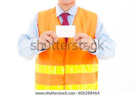 Asian engineer man isolated on white background holding card. For engineering, architecture, construction, real estate, housing, safety, inspection, foreman, contract, young engineering career design.