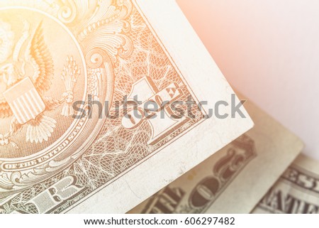 Cash, money, close-up photo, one US dollar bill banknote in sunlight filter effect, economy concept, copy space for text