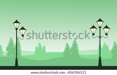 Silhouette landscape with street lamp on garden