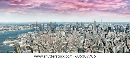 Magnificence of New York City. Manhattan giant panoramic aerial view at dusk.
