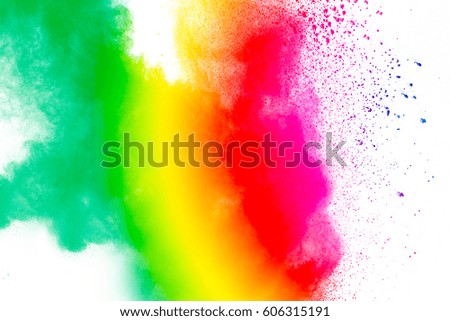 abstract multicolored powder splatted on white background,Freeze motion of color powder exploding/throwing color powder, multicolored glitter texture on white background.