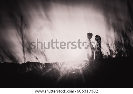 Black white photography romantic silhouette  couple standing and kissing on background summer meadow sunset