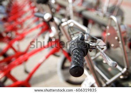 Rental bicycles parked, Zaragoza, Spain.