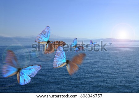 Butterflies in the swarm over a lake Royalty-Free Stock Photo #606346757