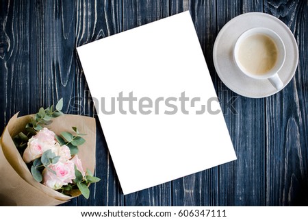styled background with coffee, smartphote, roses and magazine co
