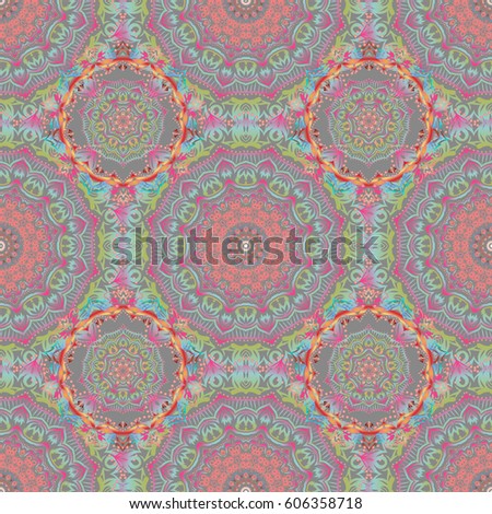 Abstract arabesque background for greeting card, presentation or wedding invitations. Traditional vector gothic damask background. Red, blue and yellow seamless background flower ornament pattern.