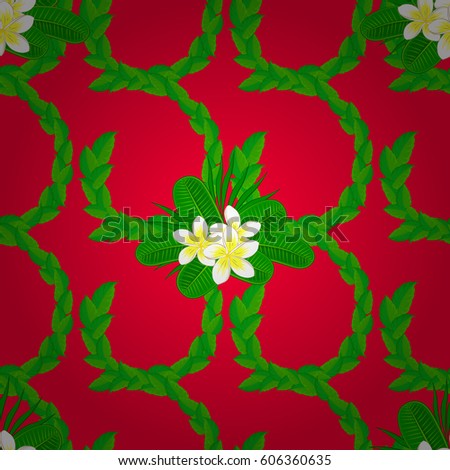 Vintage seamless pattern on a red background. Hand written vector plumeria flowers, stamps, keys.