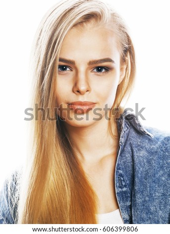 young blond woman on white backgroung gesture thumbs up, isolate