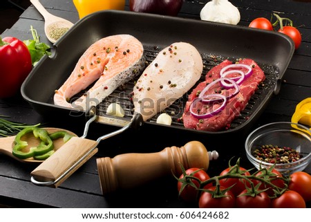 Animal proteins ready to be cooked Royalty-Free Stock Photo #606424682