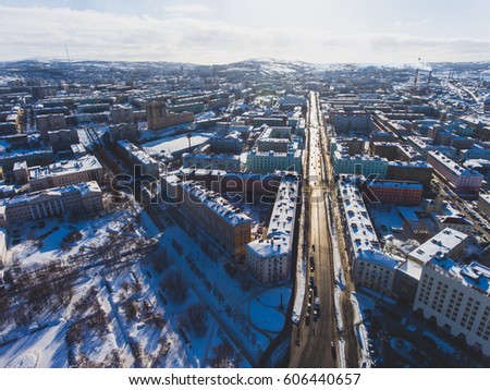 Beautiful aerial air winter vibrant view of Murmansk, Russia, a port city and the administrative center of Murmansk Oblast, Kola peninsula, Kola Bay, shot from quadrocopter drone