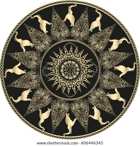 Golden Mandala. Ethnic Indian Magic Symbol Mandala.Black background.