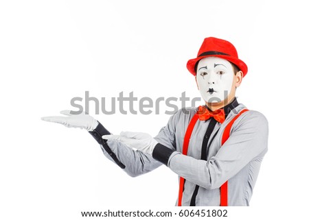 Portrait of a man, an artist, a pantomime. Shows something, isolated on white background