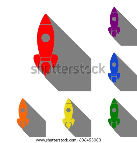 Rocket sign illustration. Set of red, orange, yellow, green, blue and violet icons at white background with flat shadow.