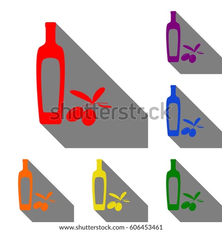 Black olives branch with olive oil bottle sign. Set of red, orange, yellow, green, blue and violet icons at white background with flat shadow.