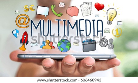Businessman on blurred background using hand-drawn multimedia technology presentation