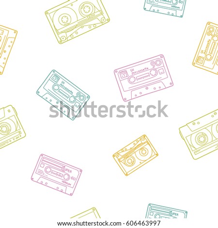 Vintage cassette tapes pattern in doodle style. Vector seamless background. Ready for printing on textile and other seamless design.