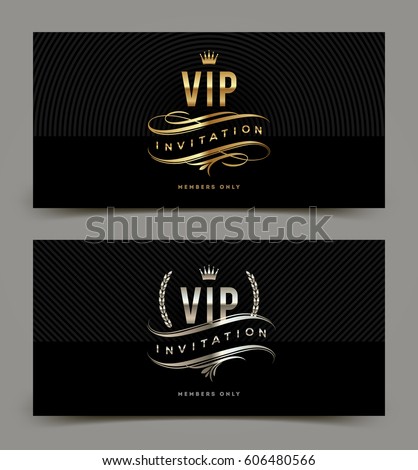Golden and platinum VIP invitation template - type design with crown, laurel wreath and flourishes on a black pattern background. Vector illustration. Royalty-Free Stock Photo #606480566