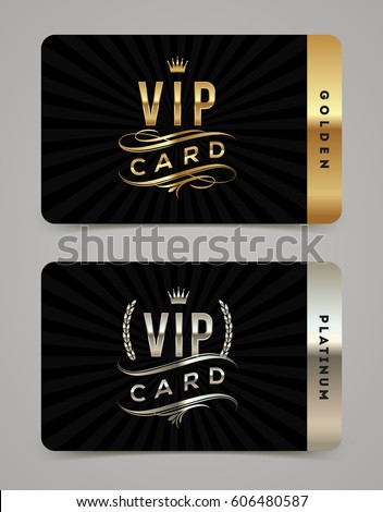 Golden and platinum VIP card template - type design with crown, laurel wreath and flourishes on a black  background. Vector illustration. Royalty-Free Stock Photo #606480587