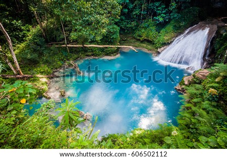  Blue hole waterfall from above in Jamaica Royalty-Free Stock Photo #606502112