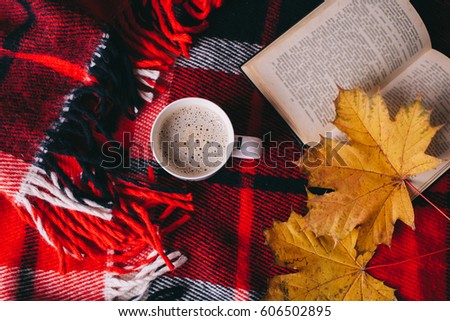 book and autumn leaves on red plaid Royalty-Free Stock Photo #606502895