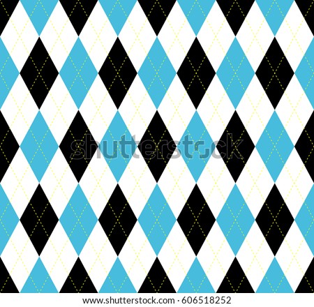 Seamless argyle plaid pattern. Diamond check print in blue, black and white.