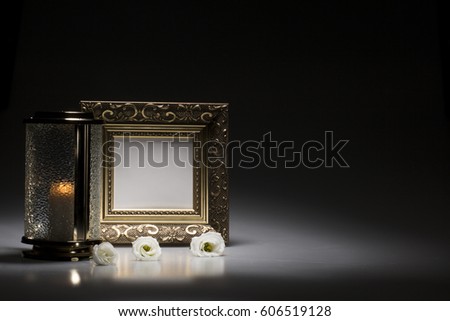 mournin dove with blank gold frame for sympathy card on dark background