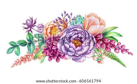 watercolor illustration, floral background, wild flowers, beautiful wedding bouquet, border design element isolated on white