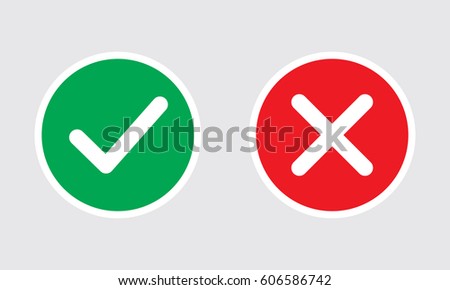 Vector checkmark and Letter X in green and red circles with white border. Royalty-Free Stock Photo #606586742