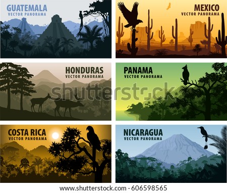 vector set of panorams countries Central America - Guatemala, Mexico, Honduras, Nicaragua, Panama, Costa Rica Royalty-Free Stock Photo #606598565