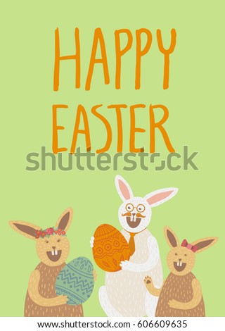 Happy Easter card. Family of three cute bunnies with decorated eggs, laughing, wearing hair bow, flower crown, glasses, mustache, tie. Hand drawn lettering. A6, A5, A4, A3 vertical size.