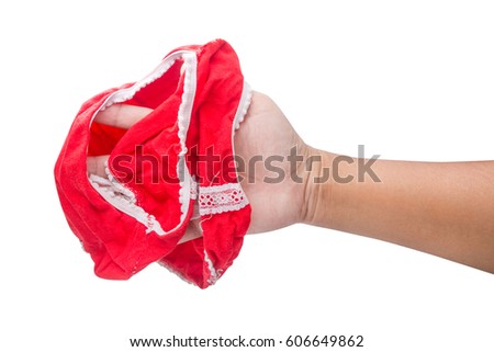 hand holding woman red pants isolated on white background with clipping path