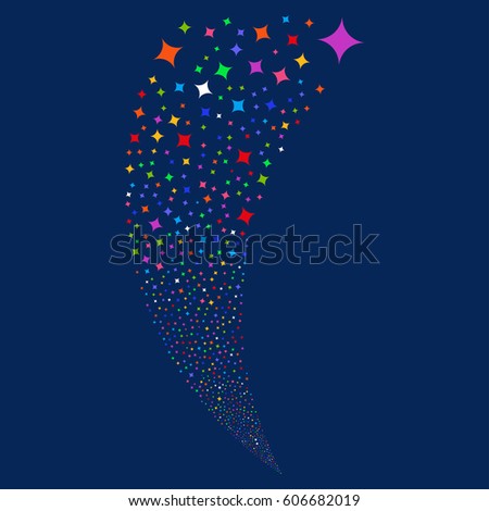 Sparcle Star random fireworks stream. Vector illustration style is flat bright multicolored iconic symbols on a blue background. Object fountain made from scattered design elements.