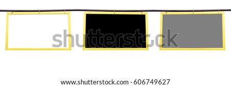 Three of blank rectangle mock up of poster billboards or rectangle white or black or gray color signboards on isolated white background hanging on the wood with chain