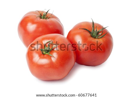  Three juicy, red tomatoes isolated on white background. / Three tomatoes