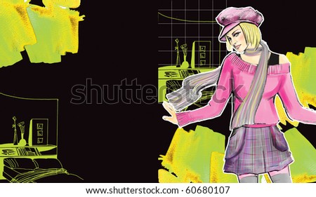 watercolor illustrated girl on a black background