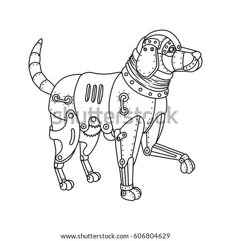 Steam punk style golden retriever dog. Mechanical animal. Coloring book vector illustration.