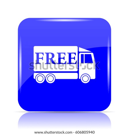 Free delivery truck icon, blue website button on white background.
