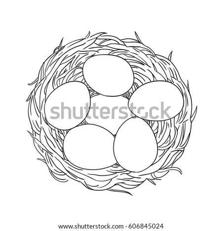 Hand drawn coloring page illustration of easter eggs in wreath on white background