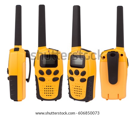 different angle views of yellow walkie talkie with black keypad isolated on white background Royalty-Free Stock Photo #606850073