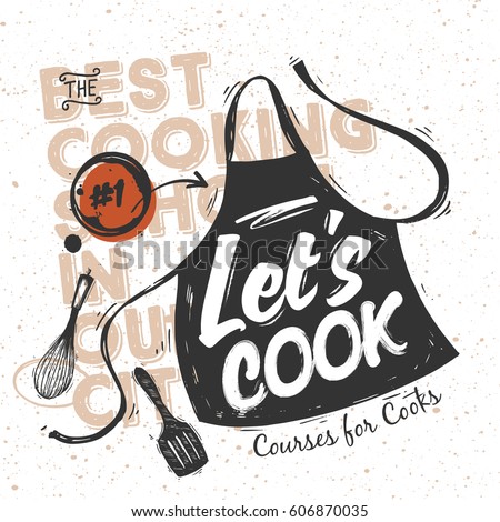 Black sketched cooking apron with lettering - Let's Cook Royalty-Free Stock Photo #606870035