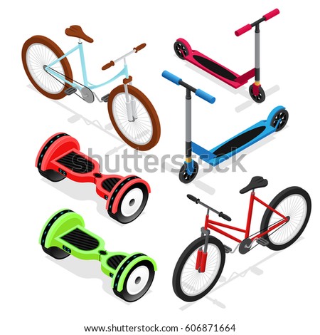 Bike Set Isometric View Urban Transport for Leisure - Kick Scooter, Gyroscooter and Bicycle. Vector illustration