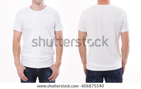 t-shirt design and people concept - close up of young man in blank t-shirt, shirt front and rear isolated. Royalty-Free Stock Photo #606875540