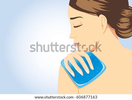 Cooling pack gel on shoulder of woman for relief of pain. Illustration about first aid equipment. Royalty-Free Stock Photo #606877163