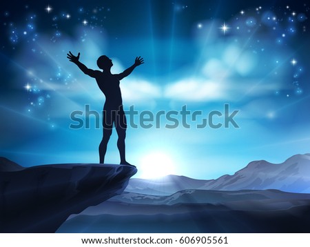 Conceptual illustration of a man with raised arms on cliff tops possibly in praise or worship