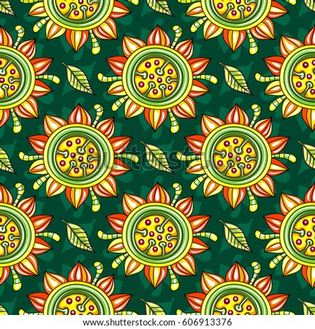 Seamless endless floral pattern with decorative Sunflowers and leaves isolated on dark background. Can be used as wallpaper or wrapping paper. Vector illustration