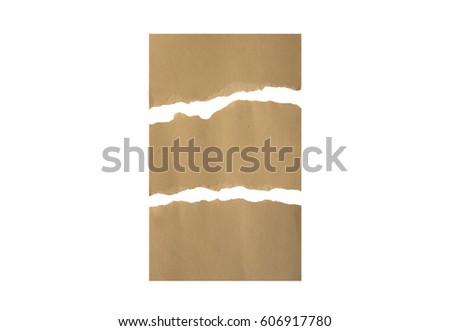 Set of brown ripped pieces of paper on white background