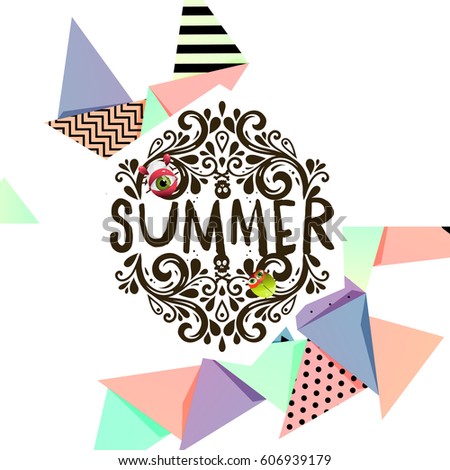 Summer Typography Lettering, Sun Shine, Memphis Geometric Ornament