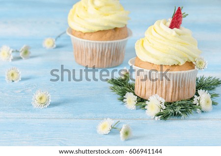 Cupcakes with flowers on blue wooden background. Copy space